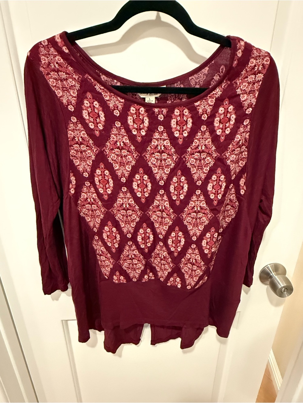 Lucky Brand Burgundy Long Sleeve Tee with Pink Geometric Front